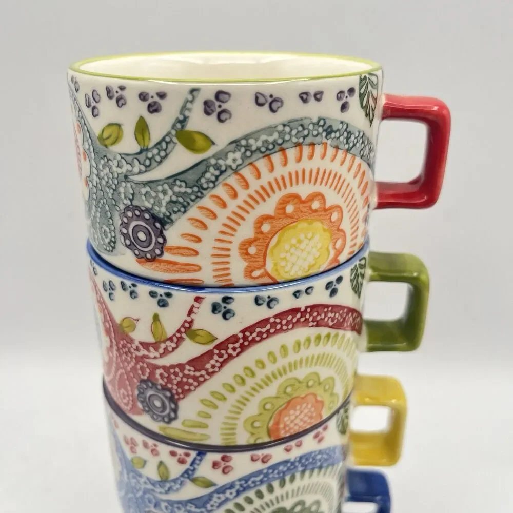 Set Of 4 PIER 1 Paisley Stackable Coffee Tea Mugs Stoneware Hand Painted Boho